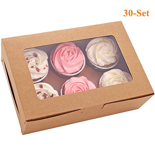 Product Cover 30-Set Cupcake Boxes with Inserts and Window Hold 6 Cupcakes, 9.4'' x 6.3'' x 3'', Brown Food Grade Kraft Cupcake Holder for Cookies, Muffins, Bakeries
