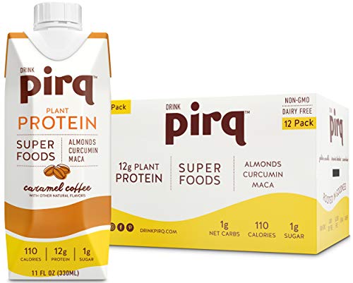 Product Cover Pirq, Vegan Protein Shake, Turmeric Curcumin, Maca, Plant-Based Protein Drink, Gluten-Free, Dairy-Free, Soy-Free, Non-GMO, Vegetarian, Kosher, Keto, Low Carb, Low Calorie (Caramel Coffee, 12 Pack)