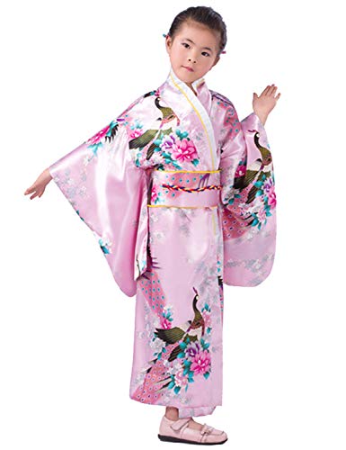 Product Cover Japanese Traditional Dress Kimono Robe for Kids Girls Costume(Pink150cm) 10-12Y