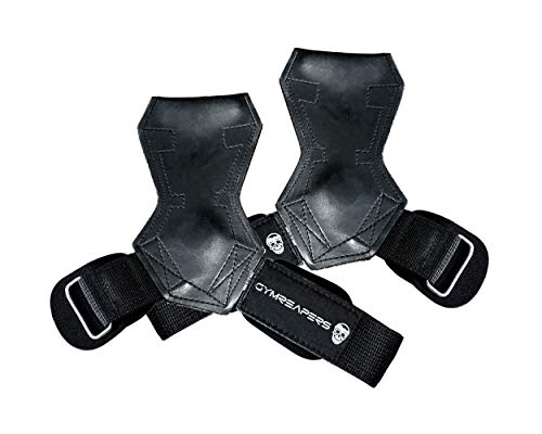 Product Cover Gymreapers Weight Lifting Grips (Pair) for Heavy Powerlifting, Deadlifts, Rows, Pull Ups, with Neoprene Padded Wrist Wraps Support and Strong Rubber Gloves or Straps for Bodybuilding (Black, Medium)