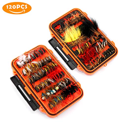 Product Cover Magreel Fly Fishing Flies Kit with Box, Dry Wet Flies, Nymphs, Streamers for Bass Salmon Trout Fishing 120Pcs/64Pcs