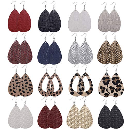 Product Cover AIDSOTOU 16 Pairs Teardrop Faux Leather Earrings Set for Teens Girls Women Black and Red Animal Floral Print Leopard Print Lightweight Leather Dangle Drop Earrings (Leather & 16set)