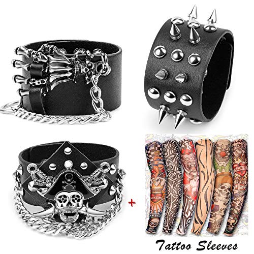 Product Cover Yariew 3 Pcs Spike Studded Rivet Punk Rock Biker Wide Strap Leather Bracelet Chain Wristband Rocker Costume Accessories Adjustable + 6 Pcs Temporary Tattoo Sleeves