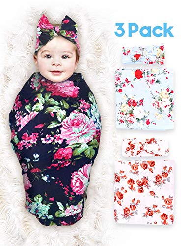 Product Cover 3 Pack Baby Swaddle Blanket Newborn Baby Wrap Organic Bamboo Swaddle Receiving Blankets with Headband for Baby Boys Girls Unisex