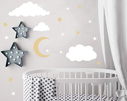 Product Cover Easu Clouds Sky Wall Vinyl Wall Decals Moon and Stars Wall Decal Kids Baby Room Decoration Good Night Nursery Wall Decor
