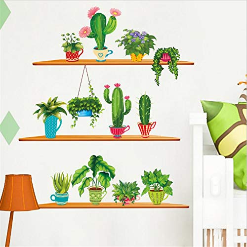 Product Cover Cartoon Cactus Wall Sticker Potted Green Plants Wall Decal Removable Pastoral Chlorophytum DIY Bonsai Shelf Murals Wallpaper Decorative for Living Room Sofa Background PVC Decorations