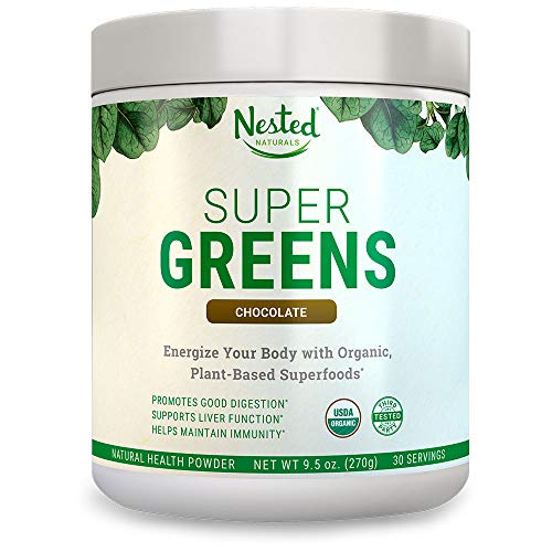 Product Cover Super Greens Chocolate | #1 Green Veggie Superfood Powder | 100% USDA Organic Non-GMO Vegan Supplement | 30 Servings | 20+ Whole Foods (Wheat Grass, Spirulina, Chlorella), Probiotics, Fiber, Enzymes