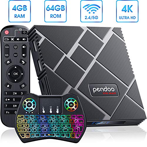Product Cover Android 9.0 TV Box 4GB RAM 64GB ROM,Pendoo X10 MAX Android TV Box with Wireless Mini Keyboard, RK3318 Quad-Core Dual-WiFi 2.4G/5GHz BT4.2 3D 4K Ultra HD H.265 Android Box