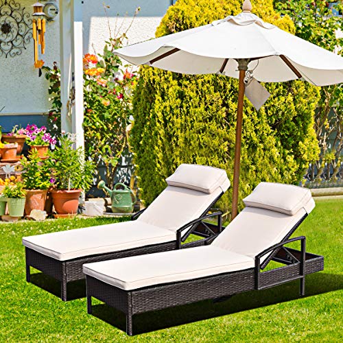 Product Cover Patiojoy Patio Reclining Chaise Lounge, Outdoor Beach Pool Yard Porch Wicker Rattan Chaise, Adjustable Backrest Lounger Chair (Beige)