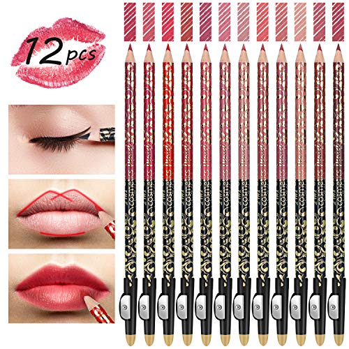 Product Cover High Pigmented Lip Liner Set - Pack of 12 Creamy and Smooth 2-in-1 Matte Make Up Lip Liners Pencil for Daily/Travel/Party/Work, with Eyeliner Function and Sharpener
