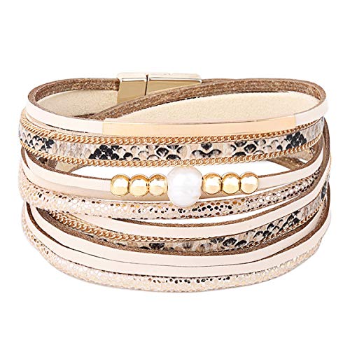 Product Cover Women Leather Bracelet - Retro Fashion Braided Wrap Wristlet Handmade Boho MultiLayer Belt Pearl Jewelry with Magnetic Clasp - Bohemian Style Gift for Women (Beads-Beige)