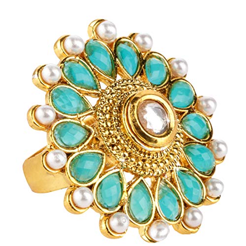 Product Cover YELLOW CHIMES Latest Fashion Turquoise Pearl Studded Indian Bollywood Classic Gold Plated Cocktail Wedding Party Ware Traditional Rings Indian Traditional Jewelry for Women from