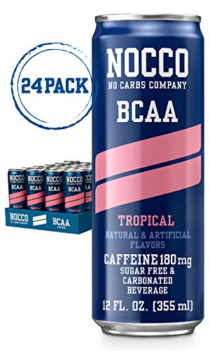 Product Cover NOCCO BCAA Tropical 24 x 12 Fl Oz Carbonated Sugar-free and Low Calorie Beverage No Carbs Company Vitamin and Caffeine Flavored Carbonated Drinks