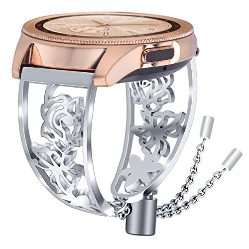 Product Cover VIGOSS Metal Bracelet Compatible with Galaxy 42mm Watch Bands/Galaxy Active 2 40mm/44mm Band Women 20mm Luxury Stainless Steel Jewelry Cuff Floral Hollow Bangle for Samsung Galaxy Watch 42mm R810