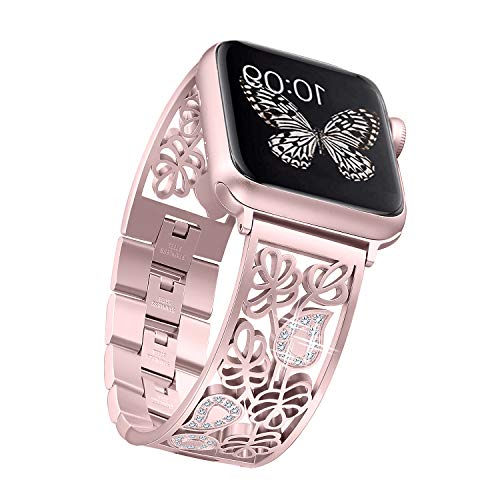 Product Cover Secbolt Carved Flower Bling Bands Compatible with Apple Watch Band 38mm 40mm iwatch Series 5/4/3/2/1, Stainless Steel Dressy Jewelry Diamond Bracelet Bangle Wristband Women, Rose Gold