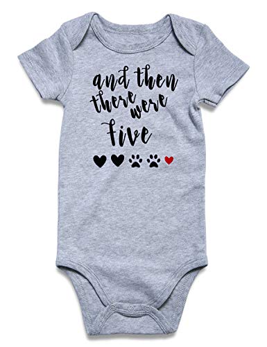 Product Cover BFUSTYLE Child Baby Boy Girl Unisex Announcement Onesie and Then There were Five Paws Print Short Sleeve Winter Pregnancy Reveal Romper Shower Gift Pure Gray Bodysuit Bulk Newborn 0-3 Months