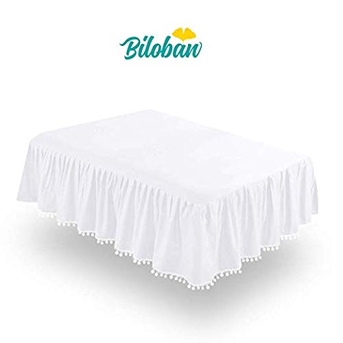 Product Cover White Crib Skirt Pleated with Lovely Pompoms, Bedding Dust Ruffle for Baby Girls and Baby Boys, 14