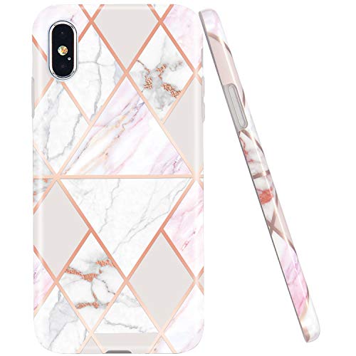 Product Cover JAHOLAN Compatible iPhone X Case iPhone Xs Shiny Rose Gold Geometric Marble Design Clear Bumper Glossy TPU Soft Rubber Silicone Cover Phone Case - Pink