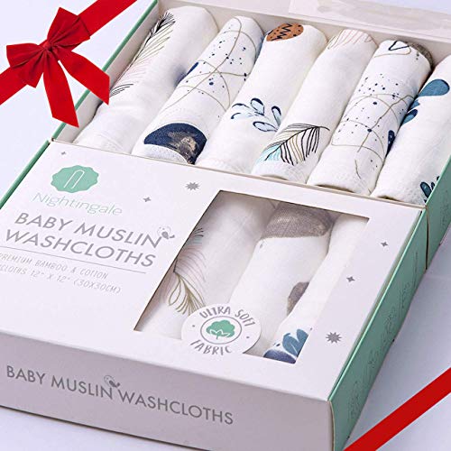 Product Cover Bamboo Muslin Baby Washcloths | Organic Face Towels| Burp Cloths | Receiving Blankets | Baby Registry Essentials for Newborn with Sensitive Skin | Shower Gifts | 6 Pack | 12x12in