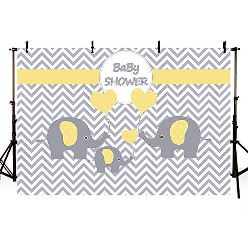Product Cover MEHOFOTO Family Three Yellow Elephants Unisex Baby Shower Backdrop Props Yellow and Gray Wave Little Peanut Love Shape Balloons Pattern Photography Background Photo Banner 7x5ft