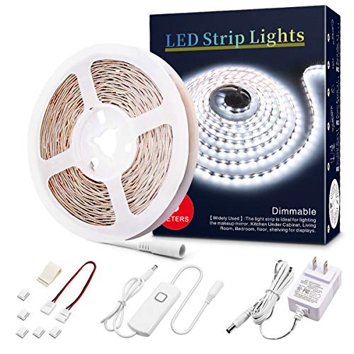 Product Cover LED Strip Lights Dimmable Rope Lights 12V LED Light Strip White Under Cabinet Lighting Ultra Bright Vanity Lights 16.4ft LED Tape Light Non-Waterproof 6500K LED Ribbon Lights for Cabinet Mirror Office