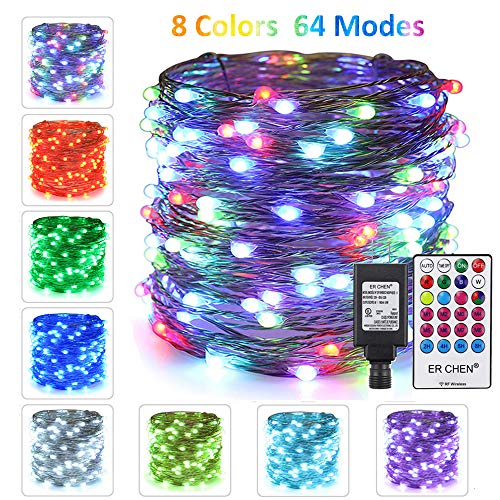 Product Cover ER CHEN Color Changing String Lights, 54ft 150 Upgraded RGB LEDs 8 Colors 64 Modes Silvery Copper Wire Plug in Fairy Lights with Memory Function Remote and 4 Timer Zone for Bedroom, Patio, Garden