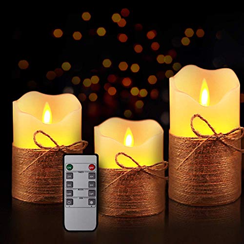 Product Cover Yinuo Mirror Flameless Candles, LED Battery Operated Ivory Pillar Candles Real Wax Flickering Moving Wick Electric Candle Sets with Hemp Rope Remote and Cycling 24 Hours Timer, 4