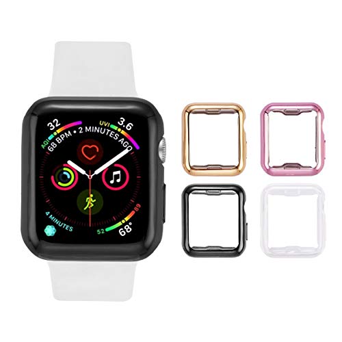 Product Cover Tranesca 4 Pack Apple Watch case with Built-in HD Clear Ultra-Thin TPU Screen Protector Cover for 40mm Apple Watch Series 4 and Apple Watch Series 5 40mm ; 4 Pack (Clear+Black+Gold+Rose Gold)