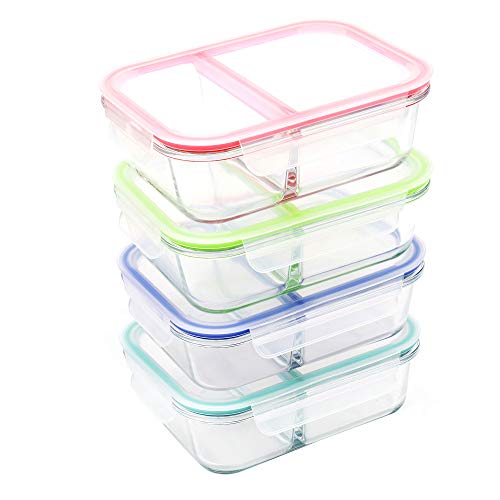 Product Cover Glass Meal Prep Containers 2 Compartment, Glass Bento Box Lunch Box Glass Lunch Containers with Lids, RENPHO Divided Glass Containers Food Storage Containers, Microwave Dishwasher Safe [4 Pack, 36oz]