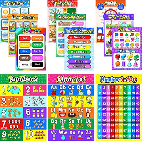 Product Cover Educational Preschool Poster for Toddler and Kid with Glue Point Dot for Nursery Homeschool Kindergarten Classroom - Teach Numbers Alphabet Colors Days and More 16 x 11 Inch (12 Pieces, English Style)