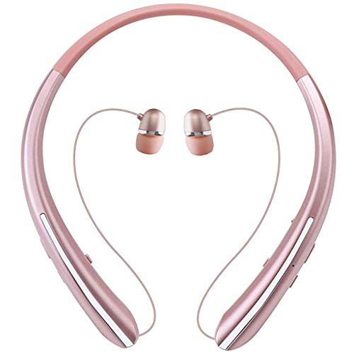 Product Cover Bluetooth Retractable Headphones, Wireless Earbuds Neckband Headset Sports Noise Cancelling Stereo Earphones with Mic (12 Hrs Playtime, Call Vibrate Alert, Rose)
