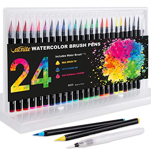Product Cover Vacnite Watercolor Brush Pens, Set of 24 Colors Watercolor Markers and Water Pen, Flexible Real Brush Tips, Paint Pens for Artists, Beginners, Adults and Kids Coloring, Calligraphy and Drawing