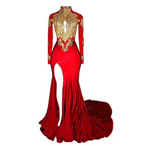 Product Cover BridalAffair Women's Mermaid High Neck Prom Dress 2019 New Gold Appliques Long Sleeves Split Evening Gowns