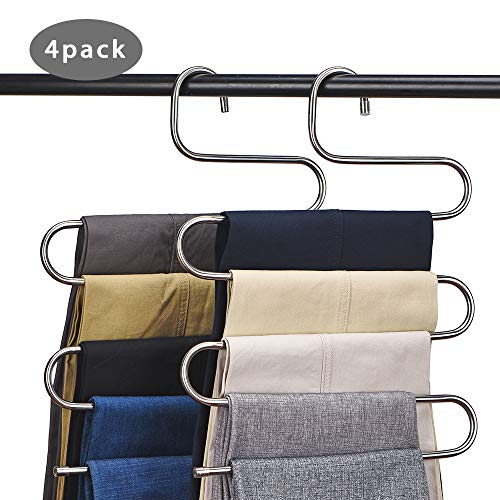 Product Cover CEISPOB Multi-Purpose Pants Hangers, S-Type 5 Layers Stainless Steel Clothes Hangers Storage Pant Rack Closet Space Saver for Trousers Jeans Towels Scarf Tie (4)