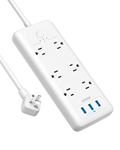 Product Cover Surge Protector Power Strip, Anker 6 Outlet & 3 PowerIQ USB Charging Ports USB Power Strip, PowerPort Strip 6 with 6.6 Foot Long Extension Cord, Flat Plug, for Home, Office, and More (1280 Joule)