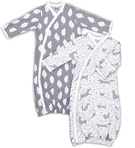 Product Cover Cambria Baby 100% Organic Cotton Kimono Gowns with Easy Change Side Snaps and Built in Mitts. White and Grey Feathers and Forest Animals Patterns for Boys and Girls. 2 Pack (Size 0-3)