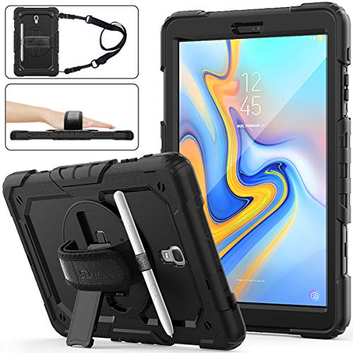 Product Cover SEYMAC stock Samsung Galaxy Tab A 10.5 T590/T595/T597 Case, Three Layer Hybrid Drop Protection Case with [360 Rotating Stand] Hand Strap &[Stylus Pencil Holder] for Samsung Galaxy Tab A 10.5 (Black)
