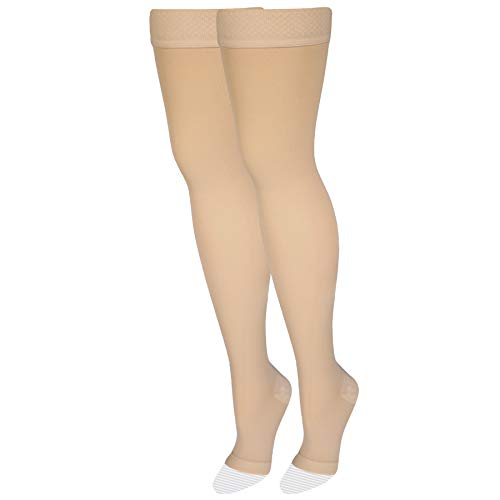 Product Cover NuVein Medical Compression Stockings, 20-30 mmHg Support, Women & Men Thigh Length Hose, Open Toe, Beige, Medium
