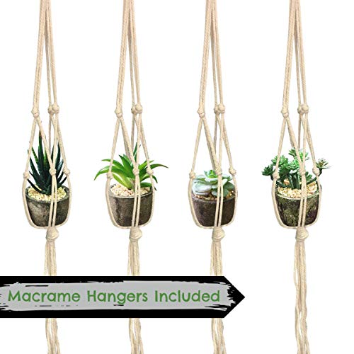 Product Cover Artificial Succulent Plants with Pots and Macrame Rope Hangers | Set of 4 Decorative Faux Plants For Home Or Office