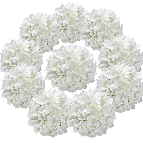 Product Cover Flojery Silk Hydrangea Heads Artificial Flowers Heads with Stems for Home Wedding Decor,Pack of 10 (White)