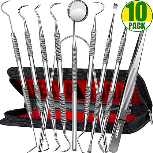 Product Cover Dental Tools, 10 Pack Teeth Cleaning Tools Professional Stainless Steel Dental Tools with Mouth Mirror, Tweezer, Tongue Scraper, Tartar Scraper for Dentist, Personal Using, Dogs - with Leather Case