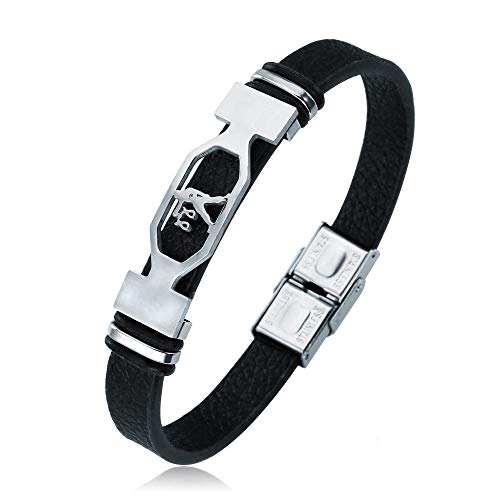 Product Cover Mens Bracelets Fashion 12 Zodiac Signs Constellations Stainless Steel Personality Vintage Punk Black Leather Bracelets for Men Women (Libra)