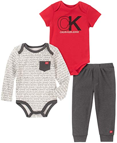 Product Cover Calvin Klein Baby Boys 3 Pieces Bodysuit Pants Set, Red/Print/Gray, 18M