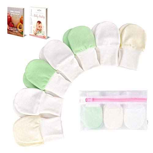 Product Cover BabyBliss 100% Cotton Anti-Scratch Baby Mittens - Available in 2 Sizes - 7-Pair Set of Cute & Soft Gloves for Boys & Girls - Unisex Infant Mitts - with Laundry Bag & Baby Weaning E-Books (M)