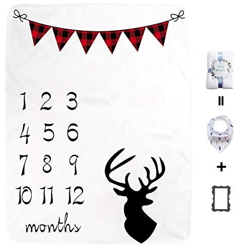 Product Cover Large Plaid Banner Baby Monthly Milestone Blanket for Girl Boy, Large Personalized Photography Background Blankets, Thick Fleece for Mom Newborn Baby Shower Gifts + Bib + Frame(Deer Themed)