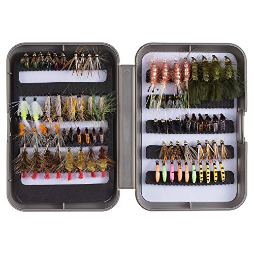 Product Cover Bassdash Fly Fishing Flies Kit Fly Assortment Trout Fishing with Fly Box, 36/64/72/80/96pcs with Dry/Wet Flies, Nymphs, Streamers, Popper (76 pcs Assorted Flies kit with Fly Box)