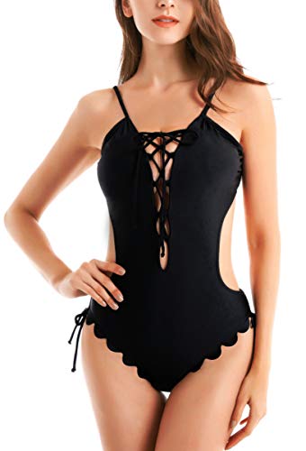 Product Cover QYacmetiz Women Deep V Neck Lace Up Sexy One Piece Swimsuit Cutout Monokini Bathing Suit(Black,L)