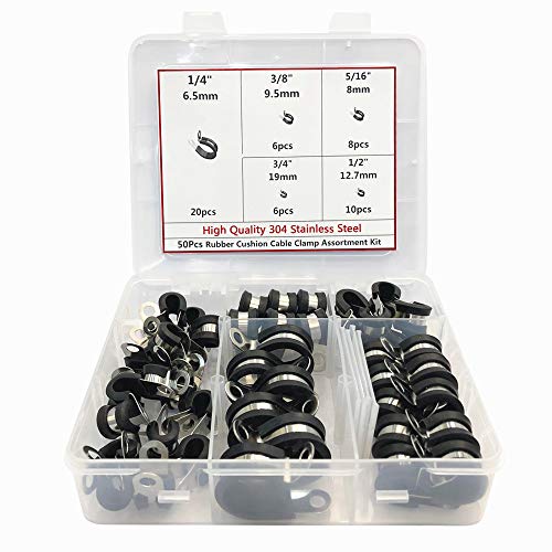 Product Cover Cable Clamps Assortment Kit,50pcs Rubber Cushion Insulated Clamp.Stainless Steel Metal Clamp