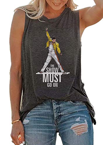 Product Cover Vintage Queen Shirt The Show Must Go On Summer Cute Freddie Mercury Graphic Tank Top for Music Lovers (L, Grey)