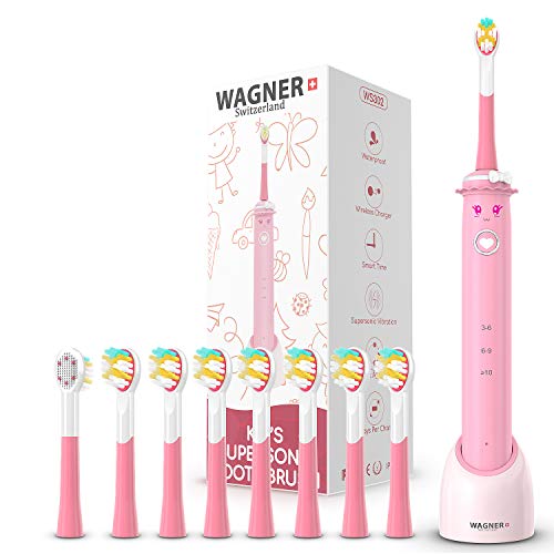Product Cover WAGNER Switzerland SuperSonic toothbrush for girls | 8 reversible brush heads for teeth and tongue cleaning with DuPont bristles | Vibration Speed Control | Wireless charging w Smart Timer. Waterproof